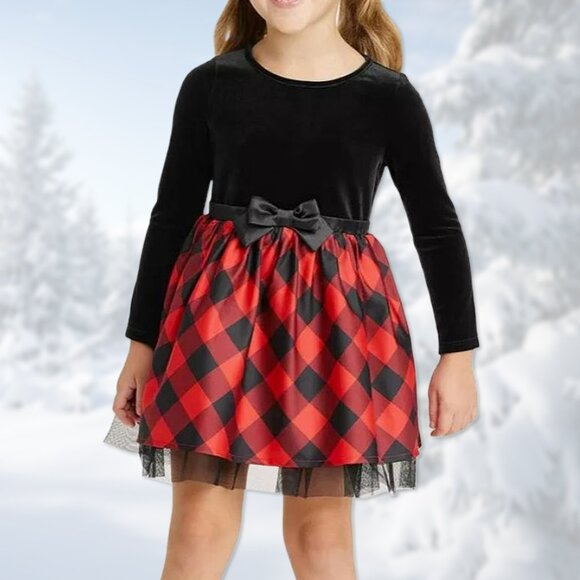 NWT Black Velour & Red Buffalo Check Long-Sleeve Dress - Girls Size L (10/12) - Picture 5 of 5